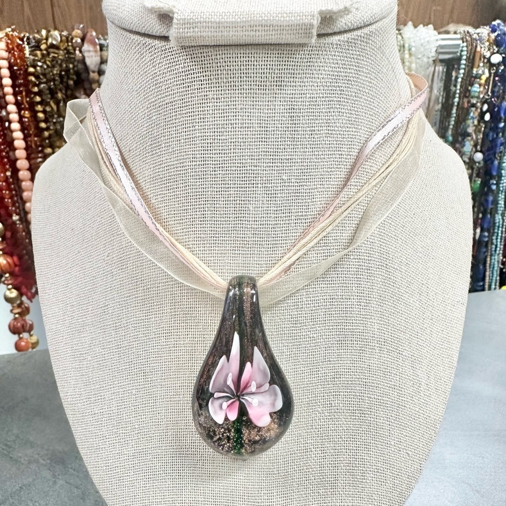 Tear Drop Art Glass Flower Pendant With Pink Ribbon Necklace